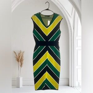 New York & Company Women’s Sleeveless Chevron Midi Dress Green, Yellow, and Navy
